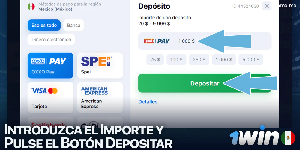 Introduzca el importe del depósito en 1win