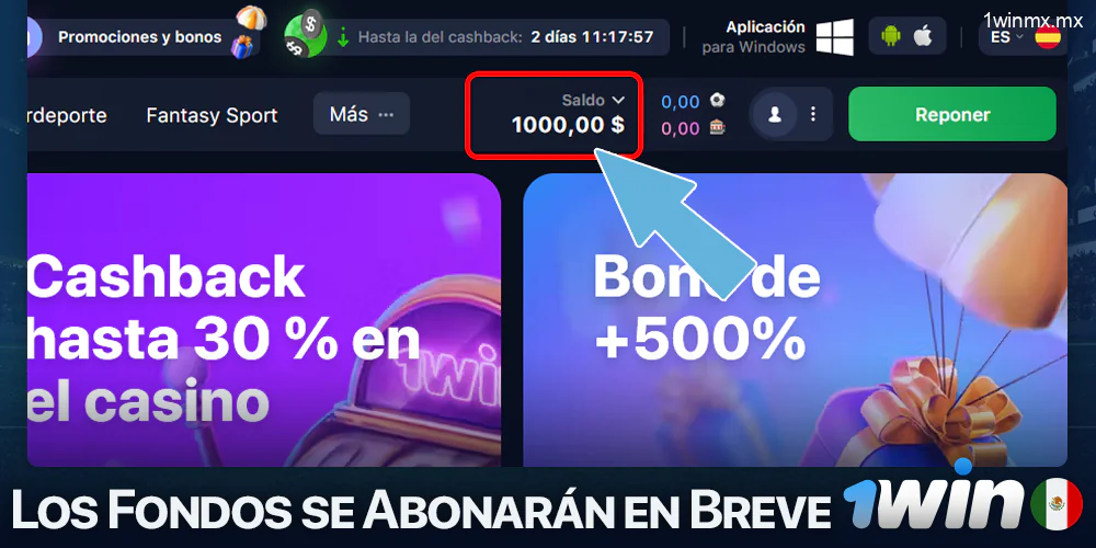 Importe del depósito acreditado a 1win