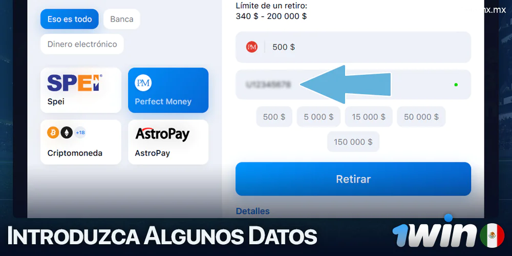 Rellene la información adicional para retirarse de 1win