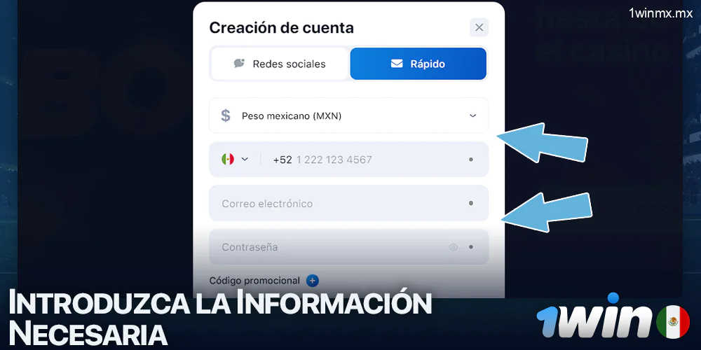 Rellene el formulario de inscripción en 1win