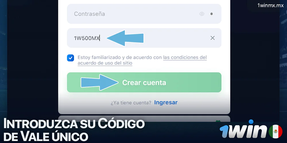 Introduzca el código de bonificación al registrarse en 1win