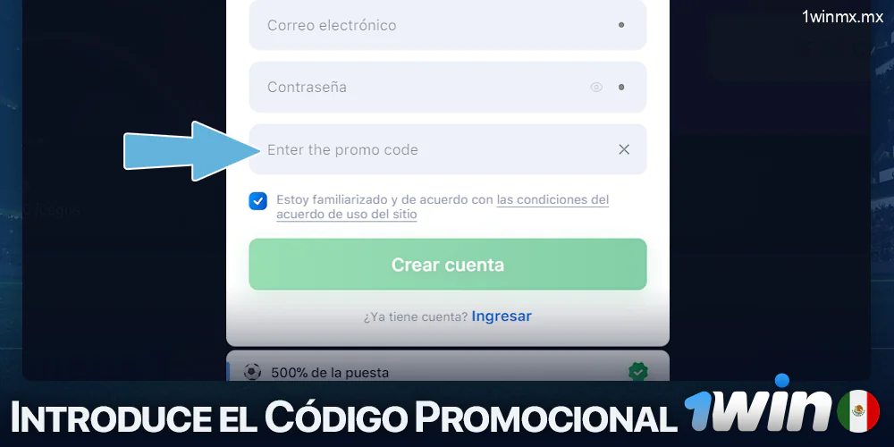 Campo para introducir el código promocional al registrarse en 1win