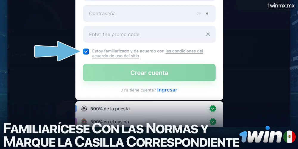 Casilla de verificación para leer las normas al registrarse en 1win
