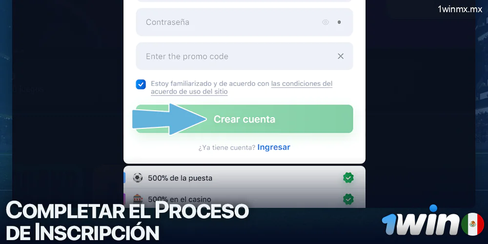 Botón para completar el registro en 1win