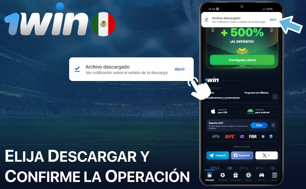 Elija Descargar y confirme la operación en 1win