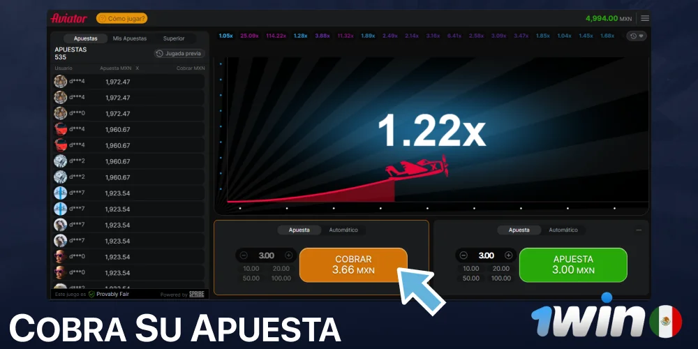 Cobra su apuesta de Aviator en 1win